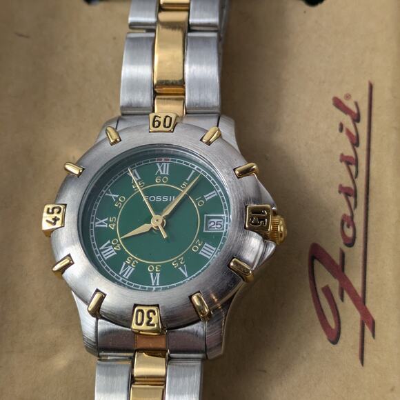 Fossil AM-2956 Womens Wrist Watch 1994 Green Silver NEEDS BATTERY Authentic Case - Picture 3 of 15